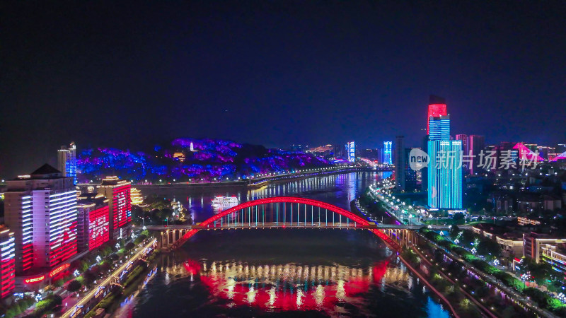 航拍四川宜宾金沙江戎州大桥夜景