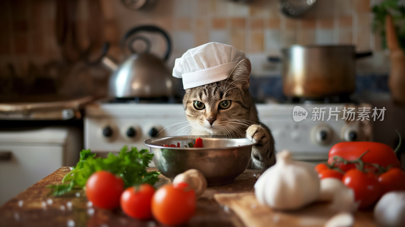 厨房里的小当家猫咪戴帽子学厨艺的趣味场景