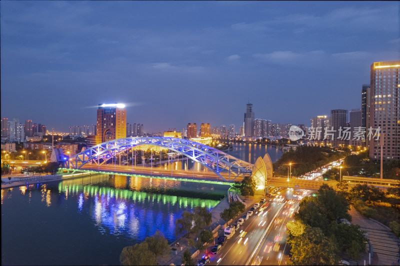 天津海河风景线国泰桥城市建筑日落夜景航拍