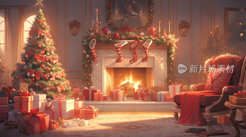 新年室内，带礼物的圣诞树和燃烧的壁炉