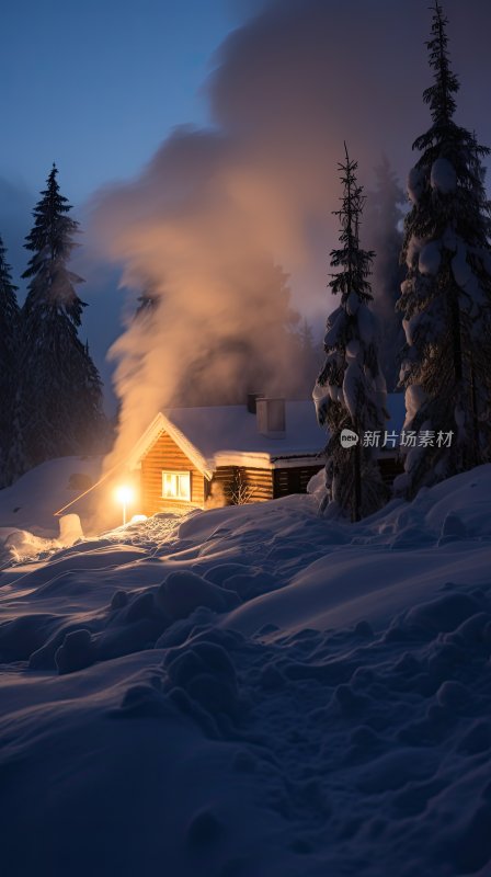 冬天晚上森林里冒着炊烟小屋