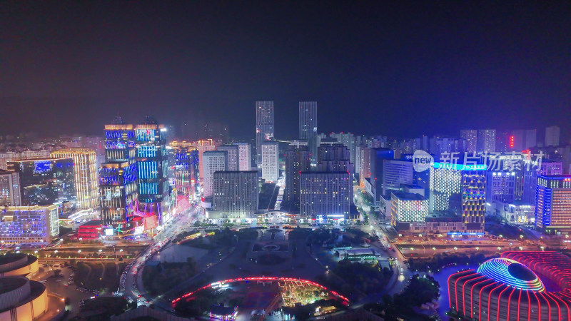 青海西宁市海湖新区海湖广场CBD夜景航拍