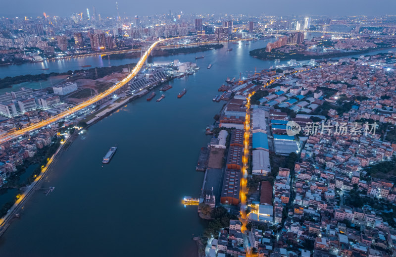 广州珠江岸城市高楼建筑夜景灯光航拍全景