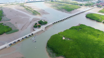 泉州洛阳桥航拍万安桥河流溪流渔船生态湿地