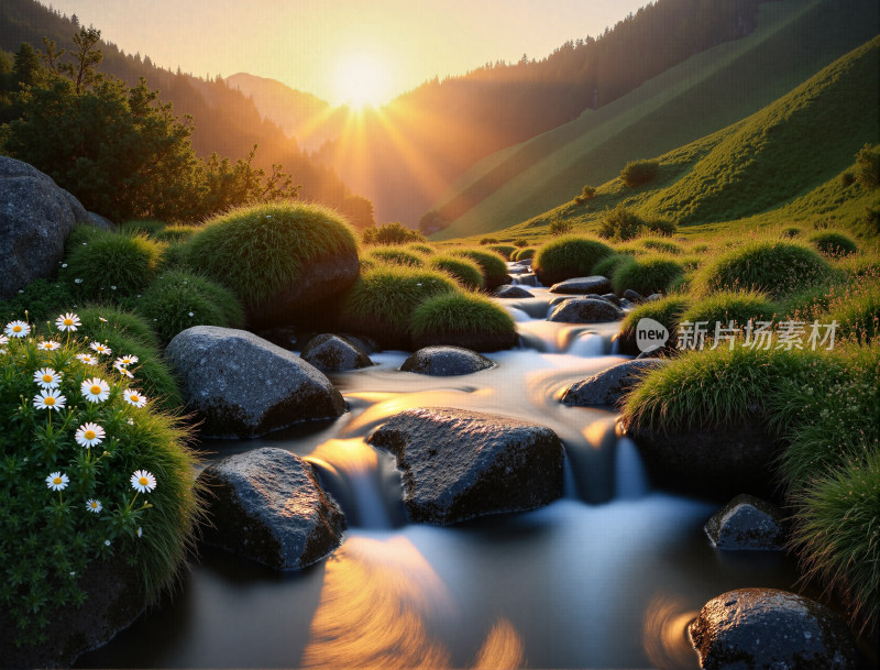 山间溪流日出自然风光