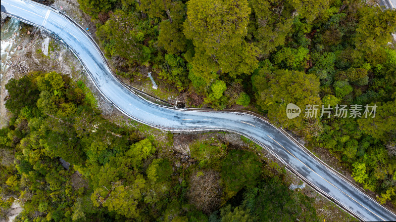 航拍蜿蜒于森林中的公路