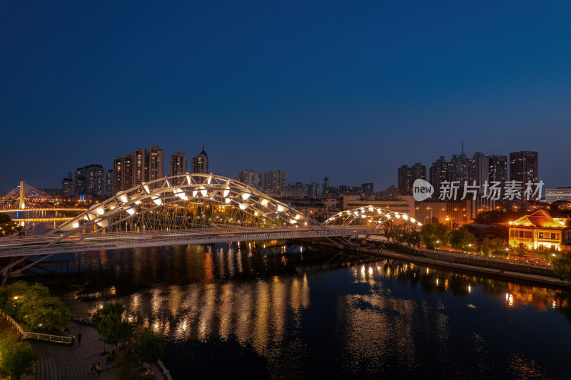 天津海河刘庄直沽桥日落城市建筑夜景航拍