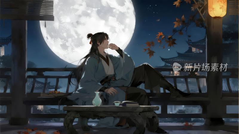 中秋节古风女子屋顶赏月思乡唯美背景图