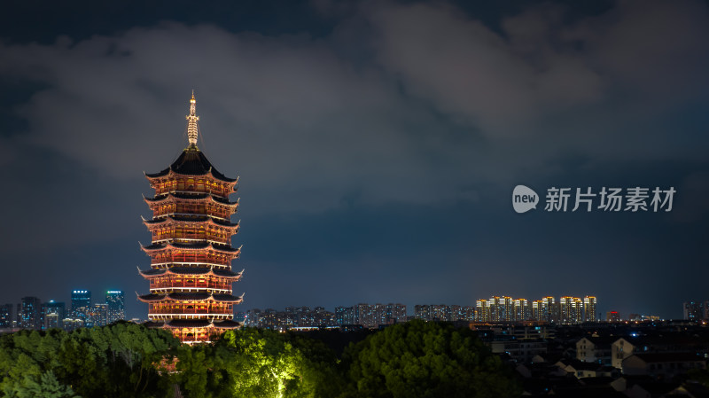 苏州城市夜景航拍，历史北寺塔标志建筑