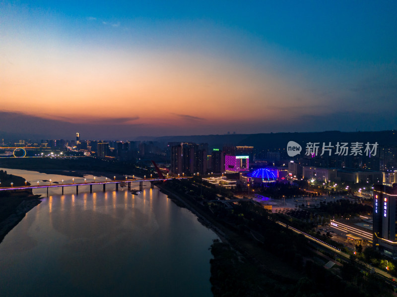 宝鸡城市夜幕降临夜景航拍图