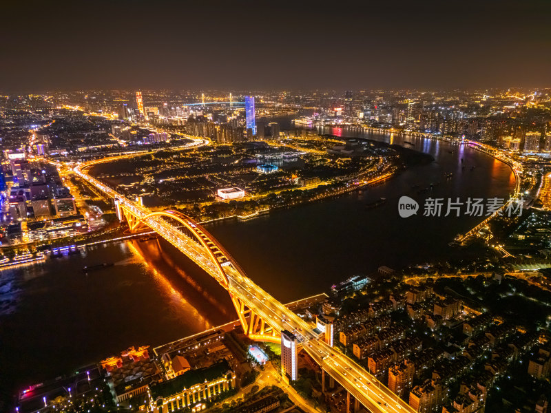 航拍上海卢浦大桥和黄浦江夜景