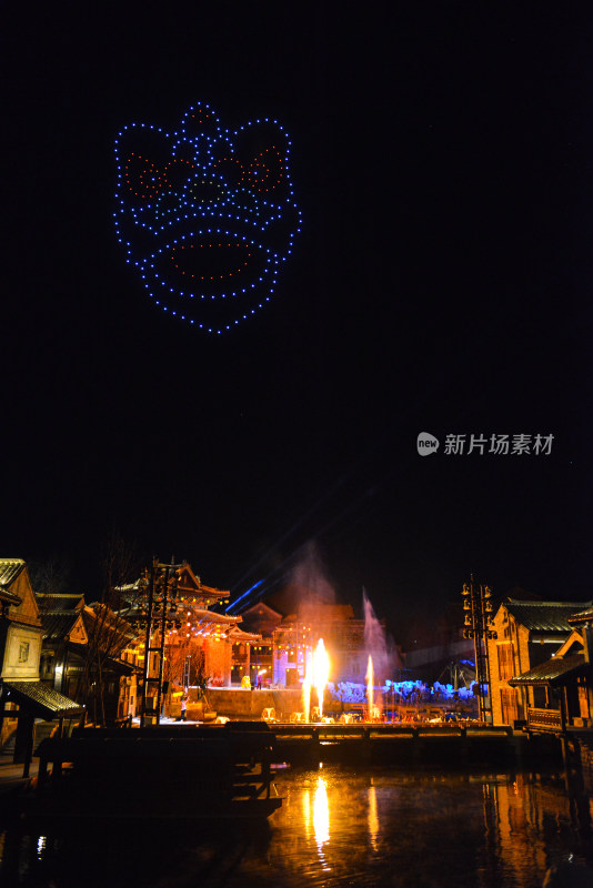 济南明水古城古建筑夜景无人机灯光秀泉秀