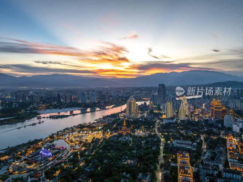 云南西双版纳傣族星光夜市建筑群高空航拍