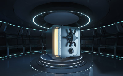 科技感房间内的保险箱 3D渲染