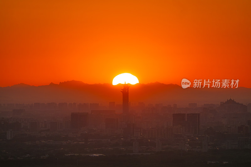 北京清晨日出 奥林匹克塔悬日