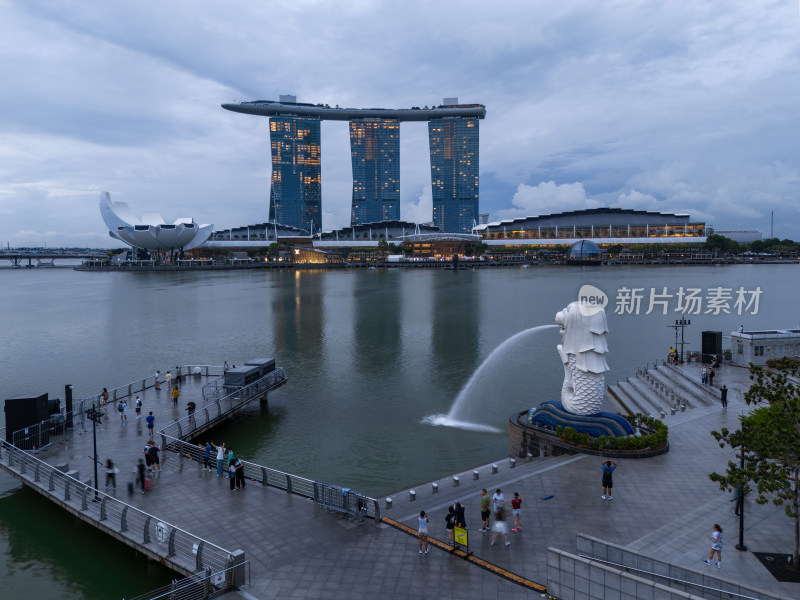 新加坡滨海湾金沙海滨奥林匹克蓝调夜景航拍