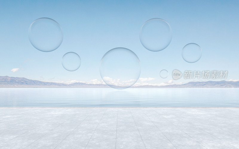 湖边的空地面与气泡 3D渲染