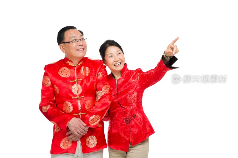 棚拍中国新年快乐的唐装老年夫妻聊天