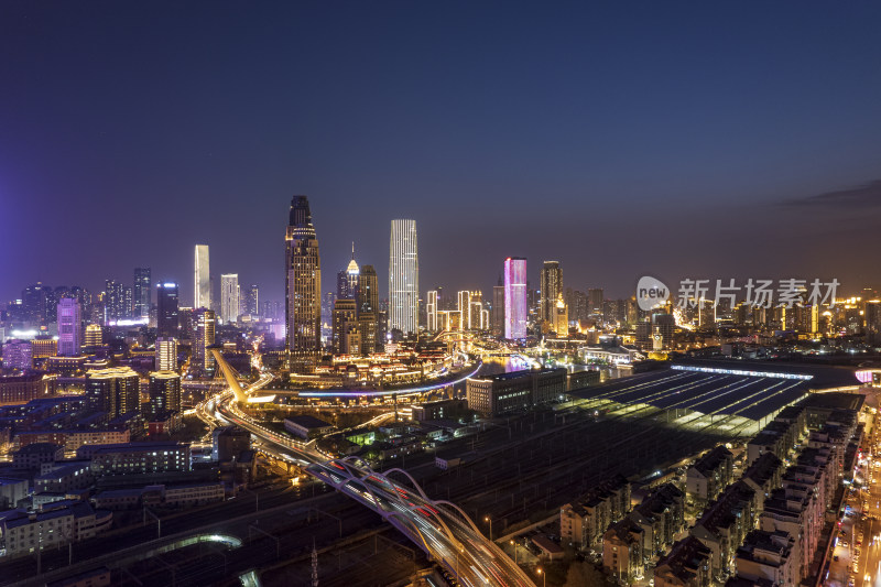 天津海河风景津湾CBD金融中心城市夜景航拍