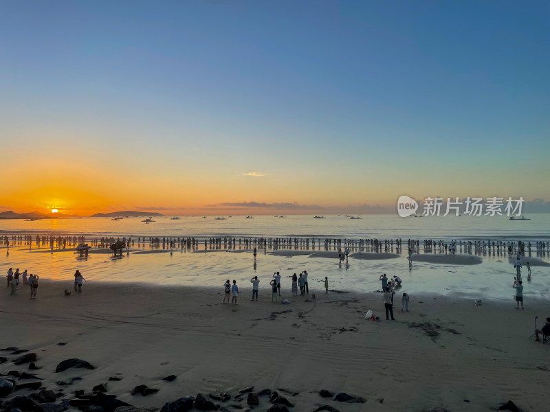 海边日出时分人群聚集的热闹场景