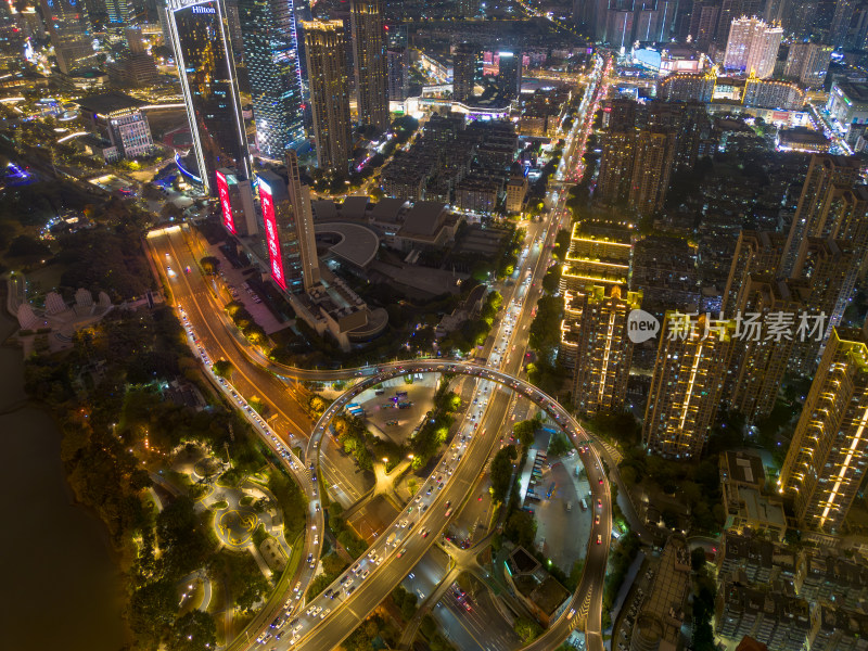 航拍福州城市夜景下与繁华立交桥及周边建筑