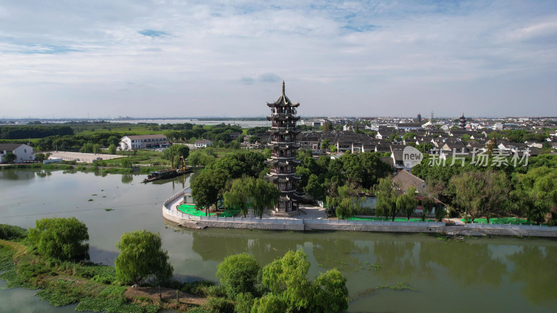 航拍苏州周庄古镇5A景区