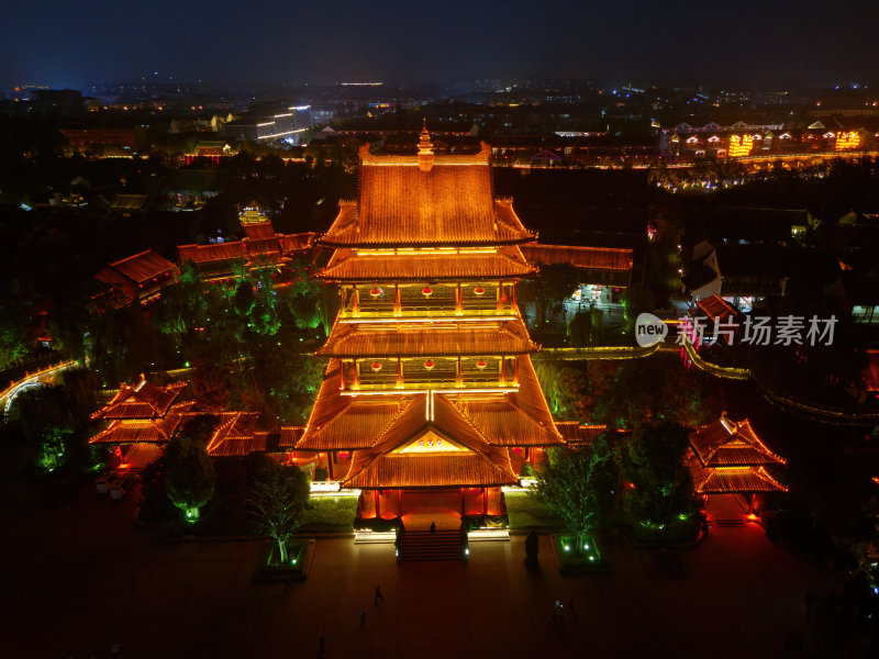 航拍台儿庄古城之复兴楼复兴广场夜景