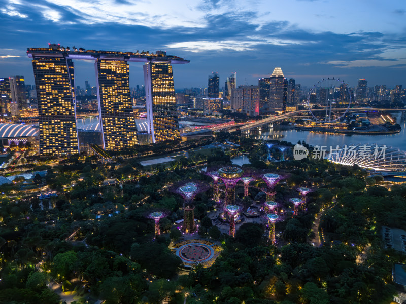 新加坡滨海湾金沙海滨奥林匹克蓝调夜景航拍