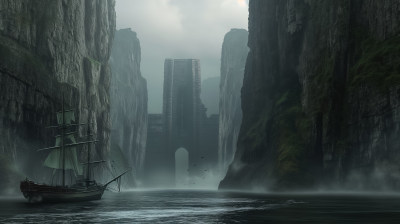 一艘古老帆船驶向笼罩在迷雾中的神秘古城