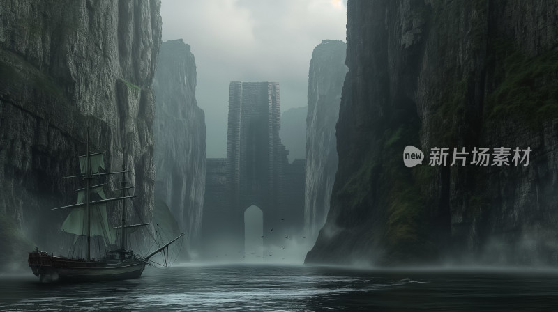 一艘古老帆船驶向笼罩在迷雾中的神秘古城