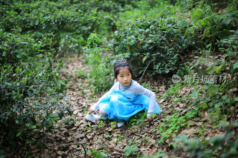 户外绿色丛林里玩耍的可爱小女孩