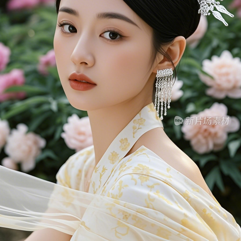 古典装扮女子花卉背景特写