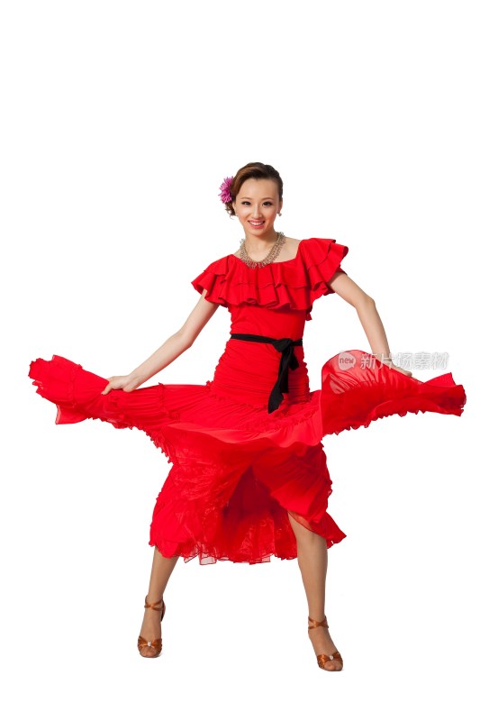 棚拍穿红色连衣裙跳舞的年轻女人