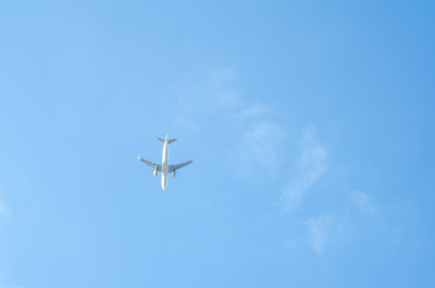 仰拍天空中飞过的飞机