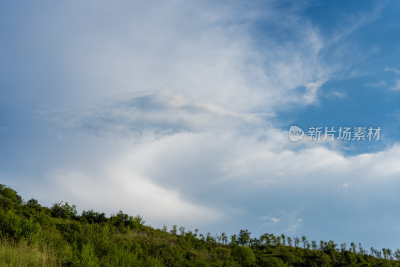 蓝天白云下的葱郁山坡自然风景