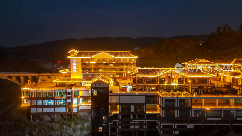 四川达州梦里巴国三里古街夜景航拍图