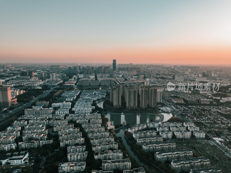 航拍昆山城市建筑日落风光大景