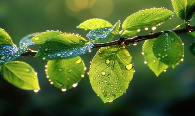 雨后阳光植物绿叶逆光露珠自然背景