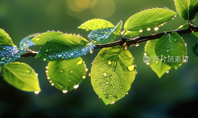 雨后阳光植物绿叶逆光露珠自然背景