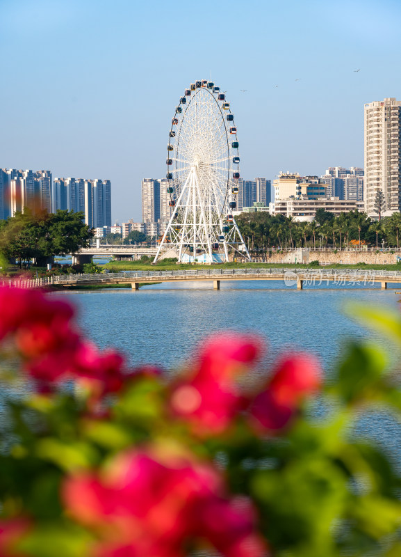 摩天轮矗立在城市水边的美丽景象