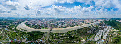 中国吉林市松花城市航拍全景