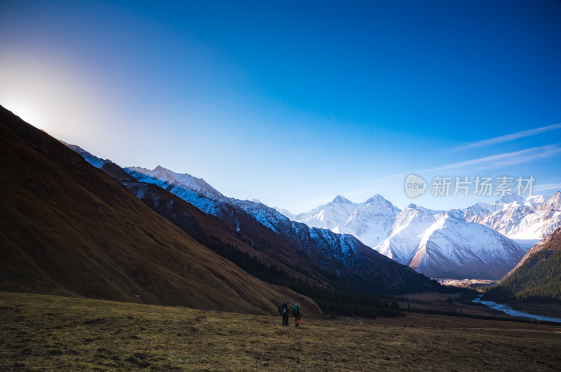 雪山清晨第一缕阳光照在金色的草地上