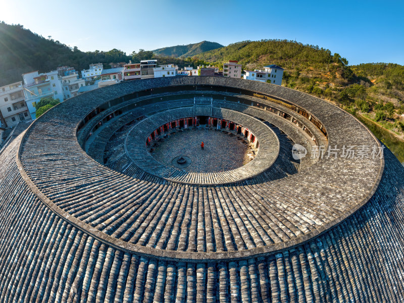 广东梅州永定客家土楼群建筑花萼楼高空航拍