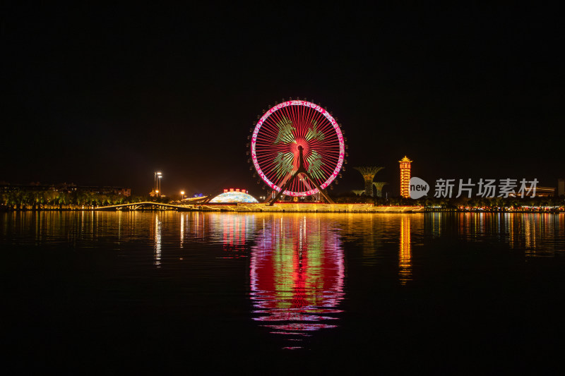 唐山惠丰湖唐山之光摩天轮夜景与湖光倒影