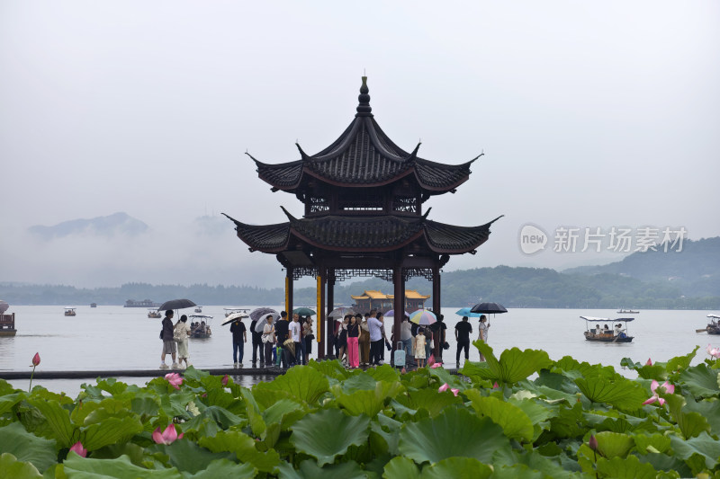 西湖雨景下的集贤亭