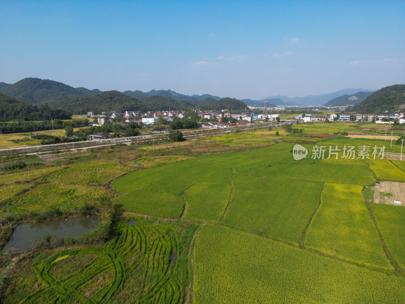 航拍乡村青山河流稻田风光