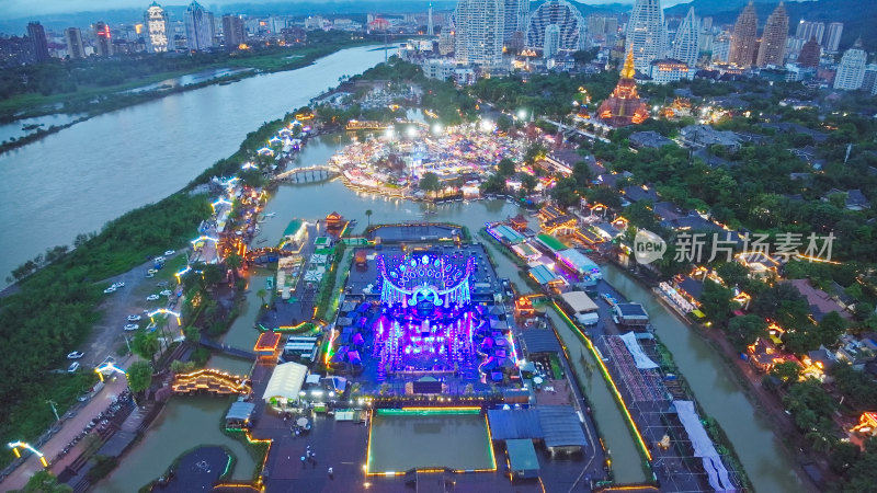 云南西双版纳告庄西双景夜景航拍