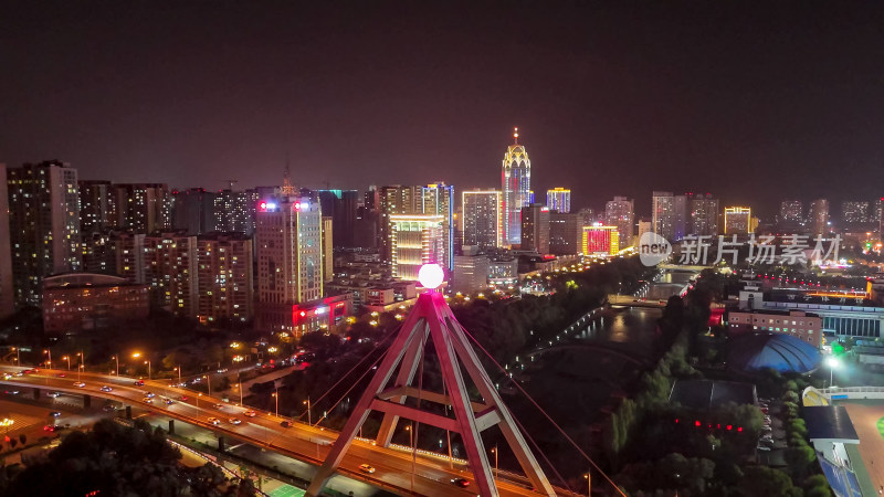 西宁中心广场城市夜景灯光航拍图