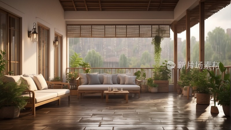 美丽雨中雨天中式风格别墅室阳台绿植背景