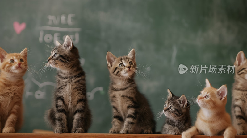 一群小猫在黑板前抬头张望
